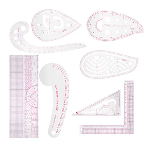 Adfaga 9 Stück Mehrzweck Kleidung Lineal Set hohe Genauigkeit PVC Nähen Schneider Zeichnung Vorlage für Mode-Designer und Schneider transparent mit roter Skala von Adfaga