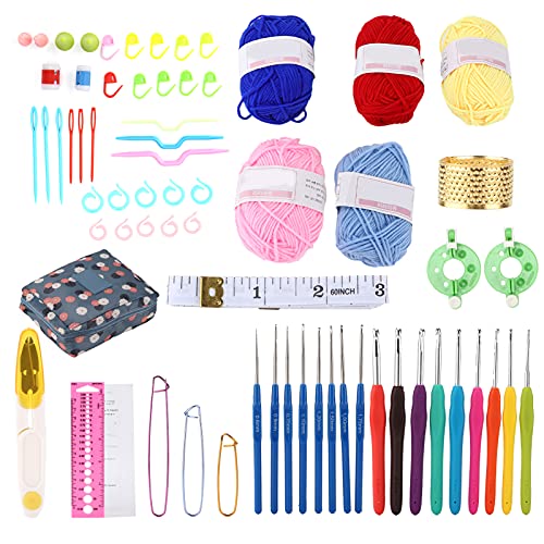 Adfaga DIY -Strick -Kit Häkelhaken mit Wollgarn -Aufbewahrung Tasche Komplett Handwerksbehörden für Anfänger handgefertigte Webennadel Aluminium Plastik Blau Chrysanthemendesign von Adfaga