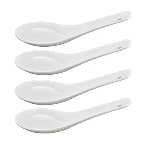 Adfaga Keramik -Suppe Löffel Set von 4 eleganten langen Griffen chinesischer Porzellanlöffel für Ramenknödel Desserts hochwertige weiße Keramik 13 cm von Adfaga
