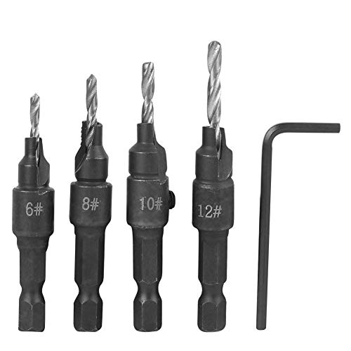Kohlenstoffstahl-Bohrers atz 4 Stück Holz bearbeitung Hex Shank Bits Kit mit verstellbarer Gegen hülse für Pilot löcher in Holz schrauben Größen 6 8 10 12 Schwarz Kohlenstoffstahl-Bohrers atz 4 Stück Holz bearbeitung Hex Shank Bits Kit mit verstellbarer Gegen hülse für Pilot löcher in Holz schrauben Größen 6 8 10 12 Schwarz von Adfaga
