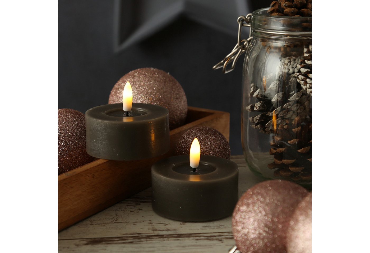 Adilina LED-Kerze LED Maxi Teelichter Lina Rustik Optik Echtwachs D: 7cm grau 2er Set (2-tlg) von Adilina