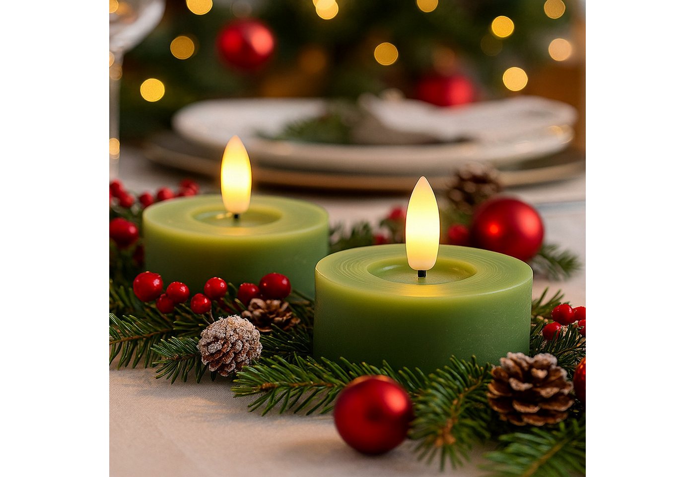 Adilina LED-Kerze LED Maxi Teelichter Lina Rustik Optik Echtwachs D: 7cm grün 2er Set (2-tlg) von Adilina