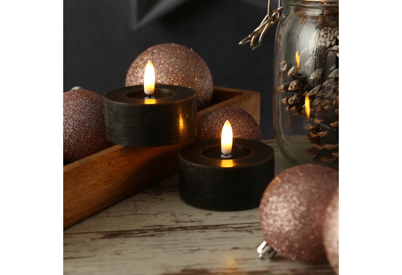 Adilina LED-Kerze LED Maxi Teelichter Lina Rustik Optik Echtwachs D: 7cm schwarz 2er Set (2-tlg) von Adilina