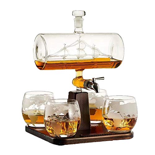 1000ML Whiskey Karaffe Schiff Anzug, Mit 4 Whiskeygläser Und Holzständer, 100% Bleifreies Glas, Perfekte Geschenke Set Für Alkohol, Scotch, Bourbon, Vodka von Adima