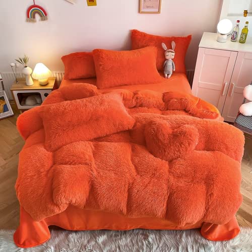 AdirHome Plüsch Bettwäsche Set Orange Bettbezug 135x200 cm plüsch Warme Winter Mädchen Langhaar Flauschig Flanell Mädchen Bettbezug mit Reißverschluss und Kissenbezug (Orange,135x200 cm) von AdirHome