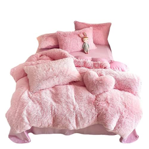 AdirHome Pink Plüsch Bettwäsche Set Warme Winter Mädchen Warme Winter Langhaar Flauschig Flanell Mädchen Bettbezug 135x200 cm mit Reißverschluss und Kissenbezug 50x75 cm (Pink,135x200 cm) von AdirHome