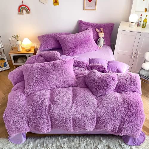 AdirHome Plüsch Bettwäsche Set Warme Winter Mädchen Warme Winter Langhaar Flauschig Flanell Mädchen Bettbezug mit Reißverschluss und Kissenbezug (Purple-1,135x200 cm) von AdirHome