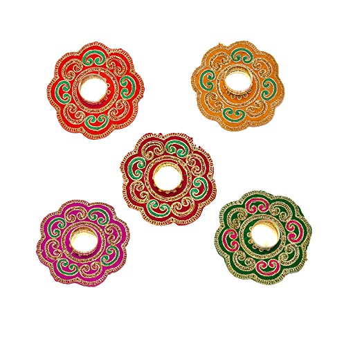 Set of 5 Decorative Mat Rangoli with T-Light Candle Holder Stand for Decorations (Red/Pink/Yellow/Green/Orange) Made up of Golden Embrodaries for Gifting Idea Size 6" von Aditri Creation