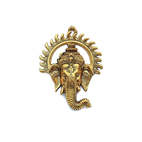 Ganesha Wall Hanging Metal Ganesh Face with Sun Statue Sculpture Idol Indian Wall Décor Antique Ganpati Statue for Home, Entrance, Temple décor and gifting for New Year decoration( Size 9" X7") von Aditri Creation