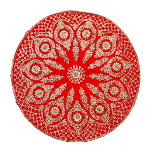 Aditri Creation Dekorative Matte Aasan rundes Samt-Puja-Tuch mit Sequenzarbeit für indische traditionelle Mehrzweck-Puja-Neujahrs-Festival-Dekorationen, Artikel und Artikel (rot) von Aditri Creation