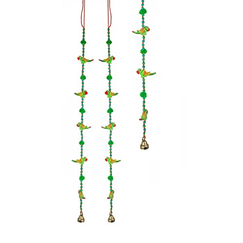 Aditri Creation Set of 2 Indian Traditional Door Hanging 5 Wooden Birds Tota Parrot String with Bell for New Year Decoration for Home Wall Temple Bedroom Kids Room Décor (Size :- 30" Approx) von Aditri Creation