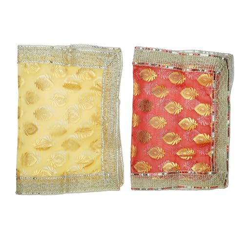 Aditri Creation Set of 2 Decorative Chunari Silk Cloth Puja Chunni Chunar (Size :- 20"x 14") Mat Aasan for Indian Traditional Statue Frame Idol Temple Housewarming Decor(Orange and Red) von Aditri Creation