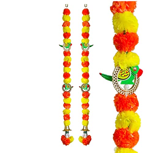 Aditri Creation Set of 2 Yellow & Orange Marigold Flower & Parrot String Wall Hanging Decoration for Home Door Wall Temple for Indian Wedding Festivities Gifting (Size:- 24" / 2 Feet) von Aditri Creation