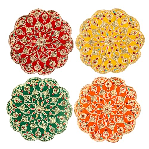 Set of 4 Round Mat Aasan Velvet Pooja Cloth Cloth with Sequence Work for Indian Traditional Multipurpose Pooja Festival Decorations Item and Article for Home Decor (Size :- 8" X 8") von Aditri Creation