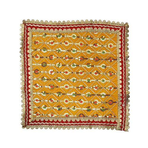 Aditri Creation Yellow Large Decorative Velvet Cloth Chunari (Size :- 14 Inches x 14 Inches) Chunni Puja Festival Decoration Chunr MATA Ki Chunri for Statue Chowki Aasan Mat Posters Frame von Aditri Creation