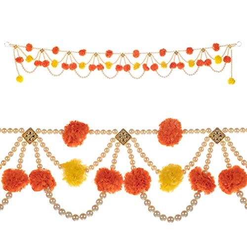 Artificial Marigold Fluffy Flowers Garlands Door Toran Set/Decorative Door Hanging Bandanwar for Home Festival Indian Wedding Entrance New Year Decorations (Yellow & Orange) with Moti Size 38 X 6 von Aditri Creation