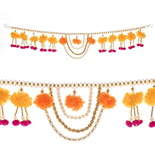 Artificial Marigold Fluffy Flowers Garlands Door Toran Set/Decorative Door Hanging Bandanwar for Home Festival Navratri Indian Wedding Entrance Decorations(Pink & Orange)with Moti Beads(Size:-35"X7") von Aditri Creation