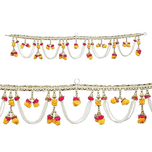 Artificial Pink & Orange Pom Pom with White Beads Toran Door Hanging toran Bandanwar Door Wall for New year Main Door Entrance Window Wall Home Temple Living Room Décor Home Valance (Size:-36" Inches) von Aditri Creation