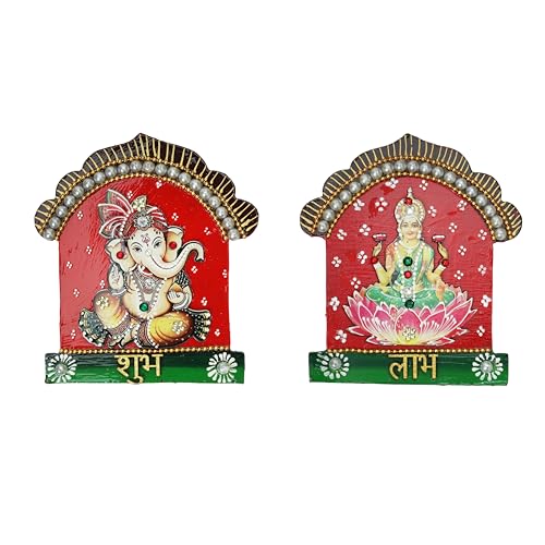 Auspicious Wooden MDF Laxmi Ganesh Shubh Labh Wall Hanging Bandanwar Door Wall Hanging for Festival New Year Decorations Handmade Traditional Religious Showpiece for Home Temple Décor (Size :-5"X4") von Aditri Creation