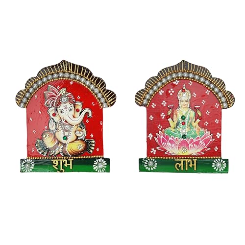 Auspicious Wooden MDF Laxmi Ganesh Shubh Labh Wall Hanging Bandanwar Door Wall Hanging for Festival Decorations Handmade Traditional Religious Showpiece for Home Temple Decor (Size :-5"X4") von Aditri Creation