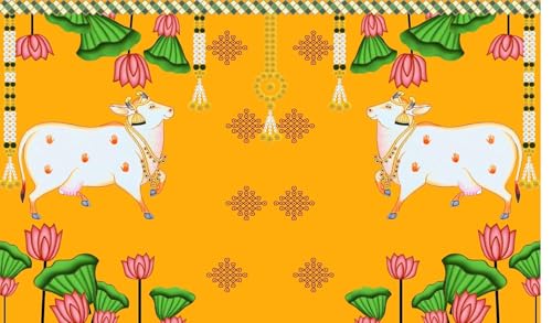 Decorative Backdrop Cloth Lotus Flower with Green Leaf and Cow Design Backdrop Curtain Hanging on Wall for Indian Traditional Navratri Festival Background Pooja Decoration(Size-96"X60")(Multicolour) von Aditri Creation