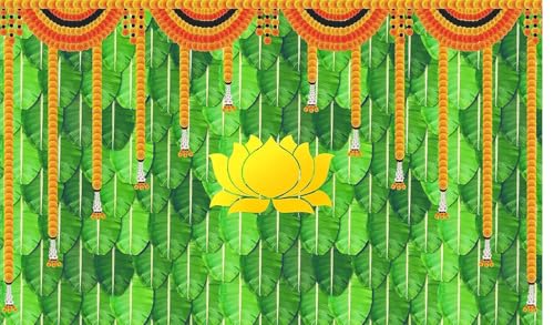 Decorative Backdrop Cloth Marigold Flower with Green Leaf and Lotus Design Curtain Cloth Hanging on Wall for Indian Traditional Navratri Festival Background Pooja Decor (Size:-96"X60")(Multicolour) von Aditri Creation