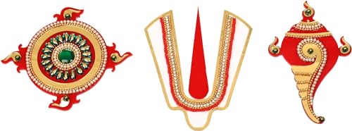 Decorative Shubh Labh Ganesh ji Shankh Chakra Namah of Lord Vishnu Tirupati Balaji Tilak Rangoli for Wall Handcrafted Indian Traditional Main Door Pooja Mandir Temple Home Decor(Size:-4")(Red) von Aditri Creation