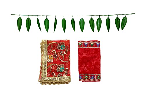 Decorative Mango Leaf Toran -40" and Red Velvet Puja Cloth Mat Aasan (Size:-10"X7") / Netted Chunari (Size:-19"X13") for Multipurpose Pooja Diwali Decoration Indian Traditional Festival Gudi Padwa von Aditri Creation