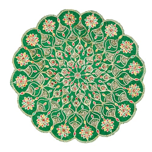 Decorative Mat Aasan Round Velvet Pooja Cloth Cloth with Sequence Work for Indian Traditional Multipurpose Pooja Festival Decorations Item and Article for Home Decor(Size :- 17")(Green) von Aditri Creation