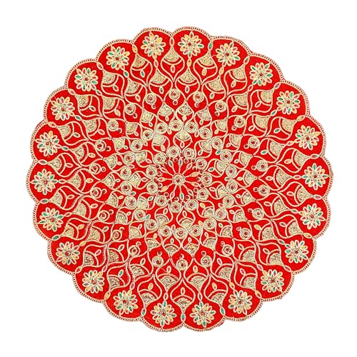 Decorative Mat Aasan Round Velvet Pooja Cloth with Sequence Work for Indian Traditional Navratri Festival Housewarming Decorations Multipurpose Pooja Item and Article(Size:- 21")(Red) von Aditri Creation
