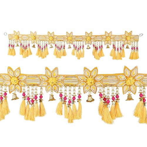 Decorative Toran Hanging Artificial Velvet Cloth Bandanwar Beads Wall Toran Hanging for Main Door Entrance Window Home Decor Indian Traditional Festival Decoration (Size:-35"X6")(Yellow) von Aditri Creation