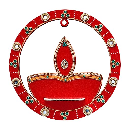 Decorative Wooden Red Handmade Round Diya Hanging Candle Stand Tea Light Holder T Lights Candle Stand Diya for Lighting Accessories Home Décor Item Festival Gifts (Without Wax) (Size:- 8 Inches) von Aditri Creation