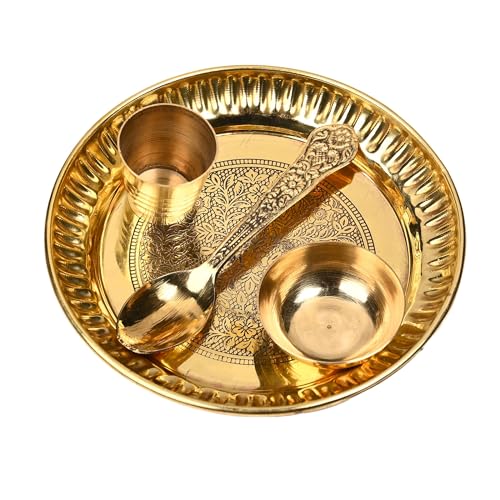 Decorative Brass Flower Embossed Design Pooja Thali Set of 4 Pcs,Brass Pooja 1 Plate with 1 Bowl,1 Glass,1 Spoon for Temple Home Bhog Thali Set for Indian Traditional Holi Pooja Decoration(Size:-5") von Aditri Creation