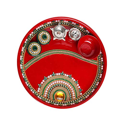 Handcrafted Red Pooja Thali Platter Engagement Plate Decorative Steel Thali with Essential Articles Attached,for Aarti Pooja Rituals Festival Wedding Decorations & Gifting (Size- 9") von Aditri Creation