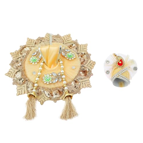 Laddu Gopal Dress Cloth Bhagwan Poshak of God Bal Gopal Kanha Kanhaiya Dev Vastra with Mukut for Metal Idol Statue for Indian Traditional Janmashtami Festival(Size:- 2-4 No.Dia- 8")(Golden) von Aditri Creation