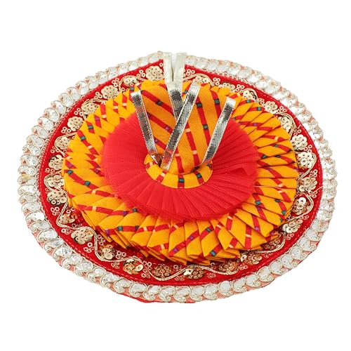 Laddu Gopal Dress Cloth Bhagwan Poshak of God Bal Gopal Kanha Krishna Kanhaiya Dev Vastra with Mukut for Metal Idol Statue for Indian Traditional Janmashtami (Size:- 2-4 No.Dia- 8") (Red with Orange) von Aditri Creation