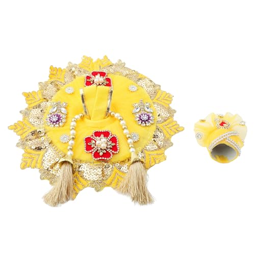 Laddu Gopal Dress Cloth Bhagwan Poshak of God Bal Gopal Kanha Krishna Kanhaiya Dev Vastra with Mukut for Metal Idol Statue for Indian Traditional Janmashtami Festival(Size:- 3-5 No.Dia- 10")(Yellow) von Aditri Creation