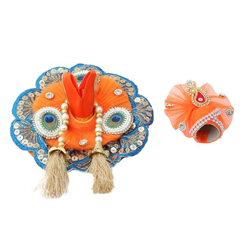 Laddu Gopal Dress Cloth Bhagwan Poshak of God Bal Gopal Krishna Kanhaiya Dev Vastra with Mukut for Metal Idol Statue for Indian Traditional Janmashtami Festival(Size:- 2-4 No.Dia- 8") Orange / Blue von Aditri Creation