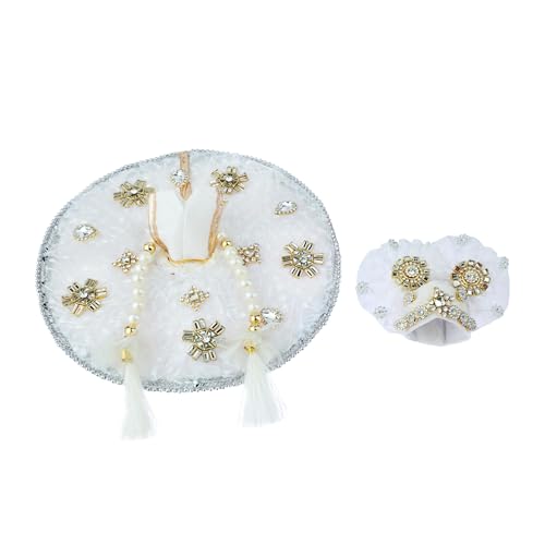 Laddu Gopal Dress Cloth Bhagwan Poshak of God Kanha Krishna Kanhaiya Dev Vastra with Mukut for Metal Idol Statue for Indian Traditional Janmashtami Festival(Size:- 1-2 No.Dia- 6")(White) von Aditri Creation