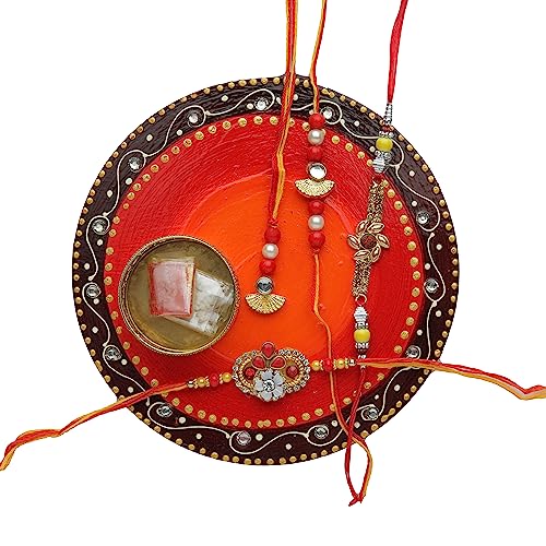 Rakhi Thali Tilak Plate Platter small Rakhi Plate Decorative MDF Wooden Puja Thali & Tea Light Holder with Bracelet Rakhi Dori Set of 4 with Roli Chawal for Raksha Bandhan Festival ( Size- 5") von Aditri Creation