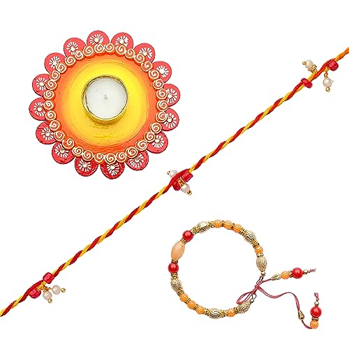 Rakhi Thali Tilak Plate Platter small Rakhi Plate Decorative MDF Wooden Puja Thali & Tea Light Holder with Bracelet Rakhi Dori Set of 2 with Roli Chawal for Raksha Bandhan Festival ( Size- 5") von Aditri Creation
