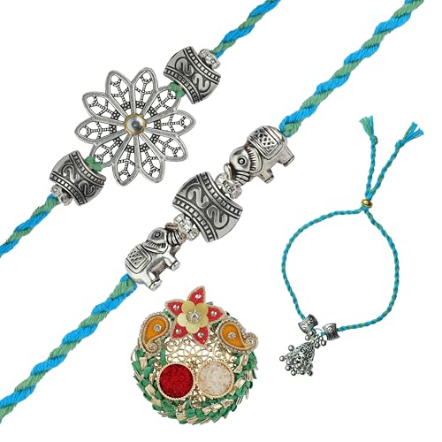 Rakhi for Brother Set of 3 Family Set Rakhi for Bhai Bhaiya Veera Thread Bracelet Dora with Rakhee Card Gift Pack and Tilak Holder Copra Flower Kumkum Plate Platter for Indian Traditional Festival von Aditri Creation