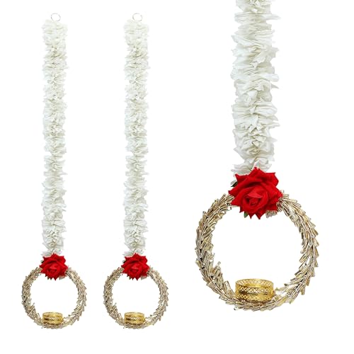 Set of 2 Artificial White Flower Garland String with Metal Tea Light Holder Wall Hanging for Home Door Wall Temple for Indian Wedding New year Wall Decor Festivities(Size:- 27 Inches / 2.25 Feet's) von Aditri Creation