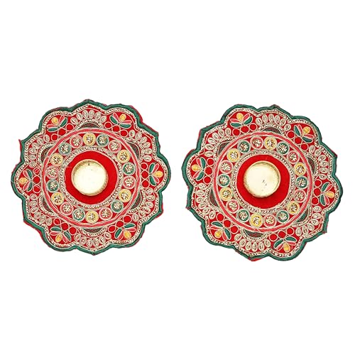 Set of 2 Red Decorative Mat Rangoli with T-Light Candle Holder Stand for Decorations Made up of Golden Embrodaries for New Year Gifting Idea Size 7" von Aditri Creation