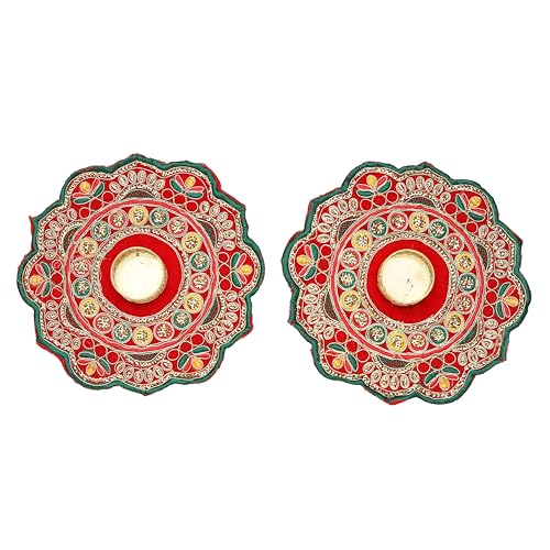 Set of 2 Red Decorative Mat Rangoli with T-Light Candle Holder Stand for Decorations Made up of Golden Embrodaries for Decor Decorations Gifting Idea (Size 7") von Aditri Creation