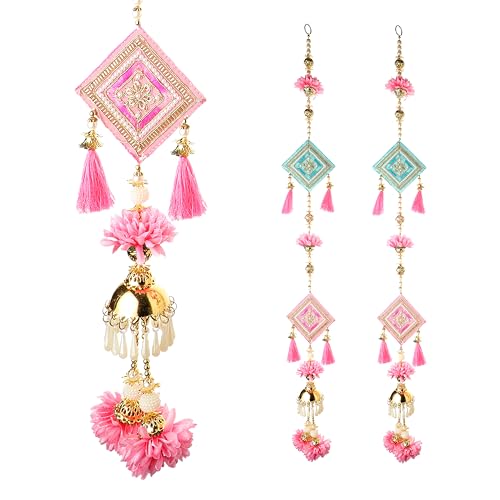 Set of 2 Decorative MDF Wooden and Artificial Flower Golden Beads Moti and Tessels Door Side Hangings for Main Door Entrance Bedroom Wedding Decor Festival Decoration (Size-36 X4)(Pink,Green) von Aditri Creation