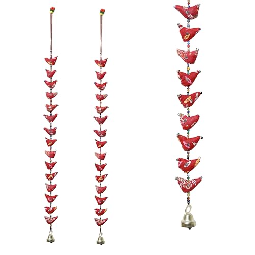 Set of 2 Indian Door Hanging 15 Red Fabric Birds Tota String with Bell Festival & for Diwali Decoration for Home Wall Temple Bedroom Kids Room Home Décor New Year Gifting (Size :- 29" / 2.4 Feet's) von Aditri Creation