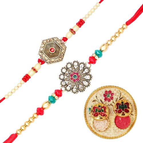 Set of 2 Rakhi for Brother Rakhi for Bhai Bhaiya Veera Rakhi Thread Bracelet Dora for Raksha Bandhan Gift Pack with Tilak Holder Copra Kumkum Plate Platter for Puja Indian Traditional Festival Rakhi von Aditri Creation