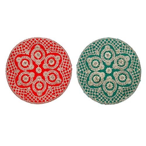 Set of 2 Round Red and Green Velvet Pooja Cloth Mat Aasan Decorative Cloth for Multipurpose Pooja Indian Traditional Festival Decorations Item and Article Holi(Size:- 10 Inches X 10 Inches Diameter) von Aditri Creation