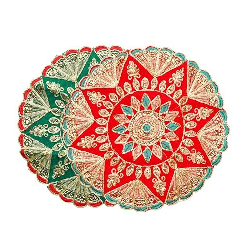 Set of 2 Round Red and Green Velvet Pooja Cloth Mat Aasan Decorative Cloth with Sequence Work for Indian Traditional Multipurpose Pooja Festival New Year Decorations Item & Article (Size :- 11" X11") von Aditri Creation